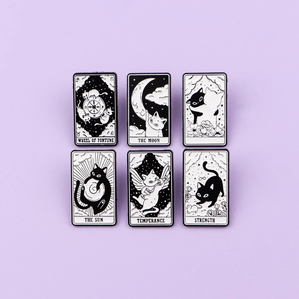 Mystic Black White Cats Tarot Card Design Enamel Pin Badges Moon Sun Strength Fortune Cat