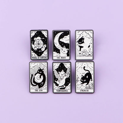 Mystic Black White Cats Tarot Card Design Enamel Pin Badges Moon Sun Strength Fortune Cat