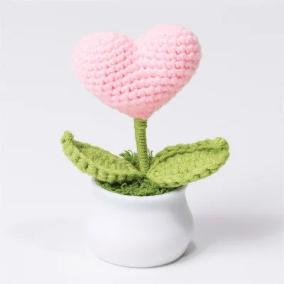 Crochet Knitted Artificial Flower Plant in Pot - Hand Woven Potted Desk Desktop Home Decor Gift Ornament