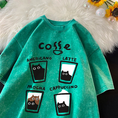Cat Coffee T-Shirt – Cute Mocha Latte Graphic Tee for Men & Women | Summer Loose Fit Cotton