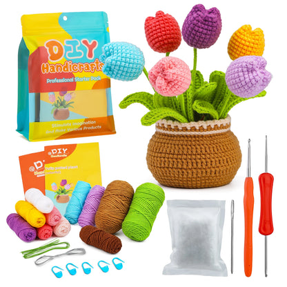 DIY Beginners Crochet Potted Flower Plant Kit – Lavender,Tulips, Daisies, Sunflowers