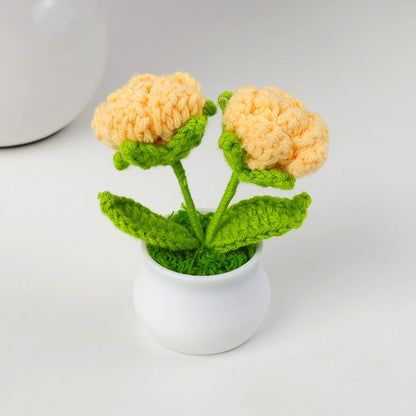 Crochet Knitted Artificial Flower Plant in Pot - Hand Woven Potted Desk Desktop Home Decor Gift Ornament