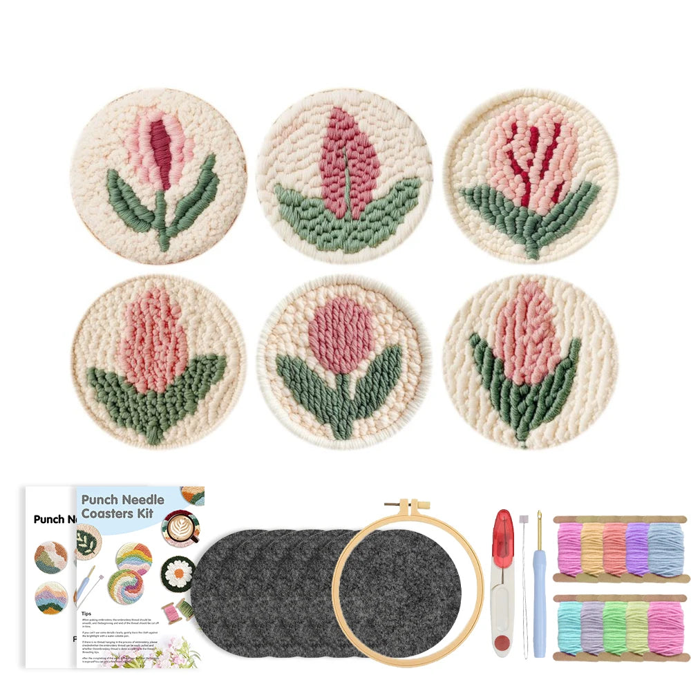 DIY Punch Needle Coaster Set Kit – Make 6 Flower Plant Design Coasters Multiple Design Choice Craft Embroidery