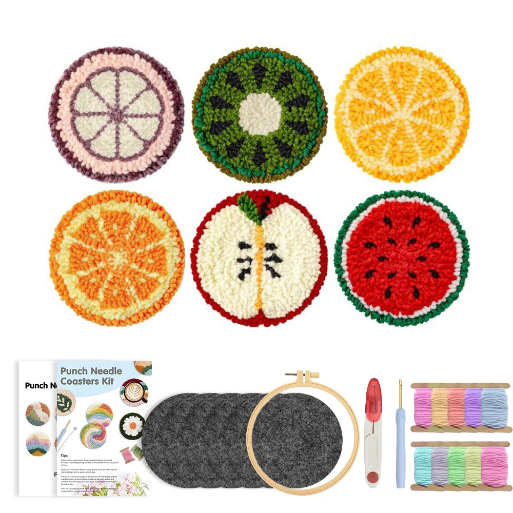 DIY Punch Needle Coaster Set Kits – Make 6 Fruit Design Coasters Multiple Design Choice Craft Embroidery