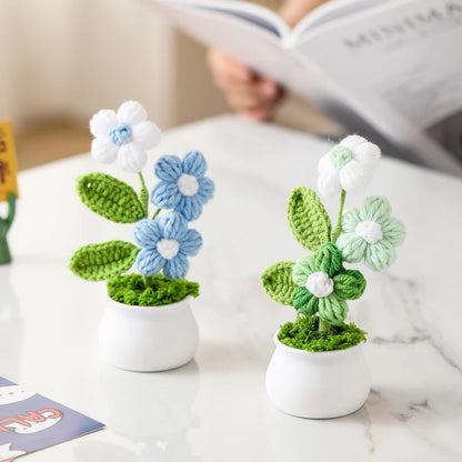 Crochet Knitted Artificial Flower Plant in Pot - Hand Woven Potted Desk Desktop Home Decor Gift Ornament