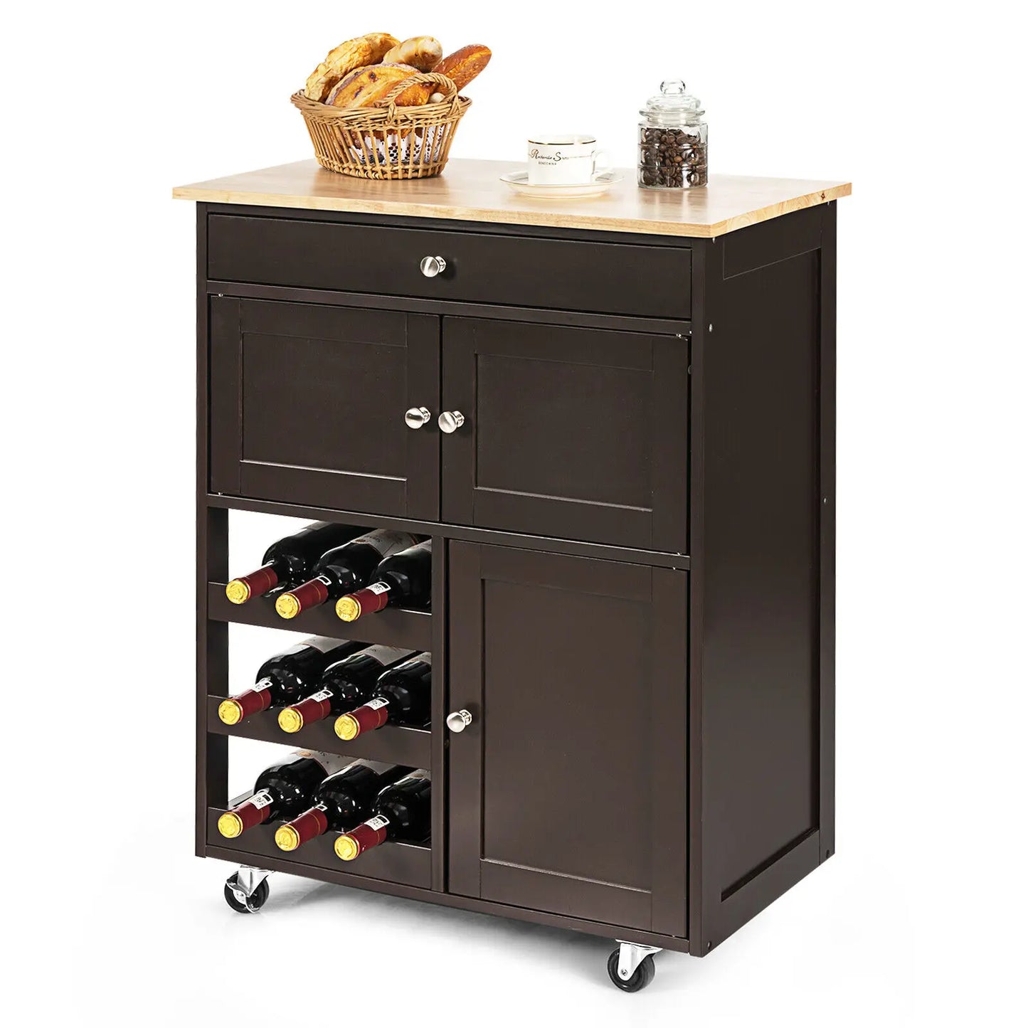 Rolling Kitchen Trolley Cart with Storage Cabinet & Wine Rack – 3-Tier Island on Wheels with Drawer