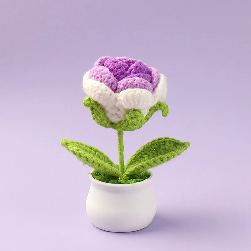 Crochet Knitted Artificial Flower Plant in Pot - Hand Woven Potted Desk Desktop Home Decor Gift Ornament