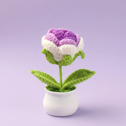 Crochet Knitted Artificial Flower Plant in Pot - Hand Woven Potted Desk Desktop Home Decor Gift Ornament