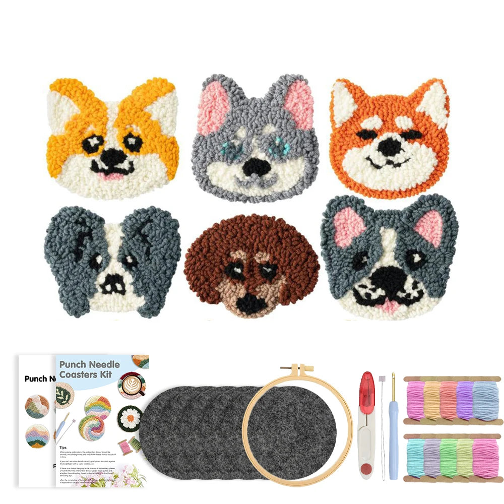 DIY Punch Needle Coaster Set Kit – Make 6 Dog Design Coasters Multiple Design Choice Craft Embroidery