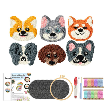 DIY Punch Needle Coaster Set Kit – Make 6 Dog Design Coasters Multiple Design Choice Craft Embroidery