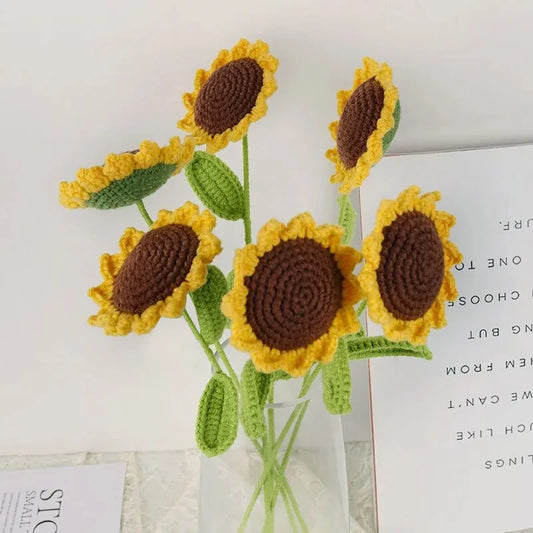 3-Piece Knitted Sunflower Bouquet – Handmade-Style Yarn Flowers for Gifts & Décor