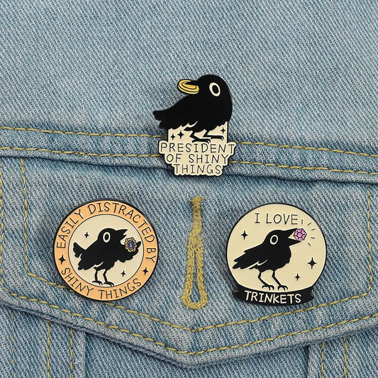 Cute Black Crow Metal Enamel Pin Badge Brooch Shiny Things Trinkets Raven Bird
