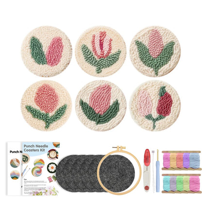 DIY Punch Needle Coaster Set Kit – Make 6 Flower Plant Design Coasters Multiple Design Choice Craft Embroidery