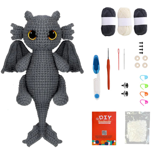 DIY Grey Dragon Dinosaur Crochet Kit – Beginner Plush Craft Set with Tutorials