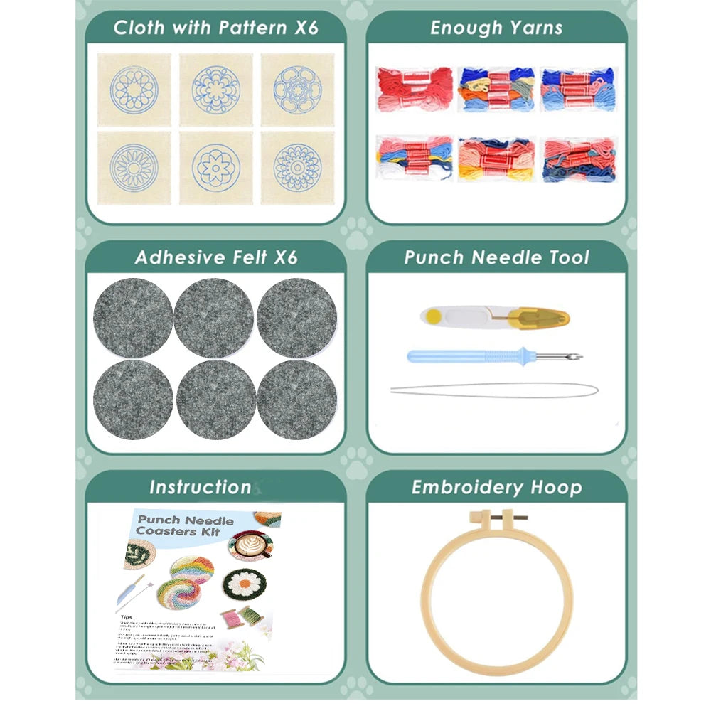 DIY Punch Needle Coaster Set Kit – Make 6 Scenery Sun Sea Sky Design Coasters Multiple Design Choice Craft Embroidery