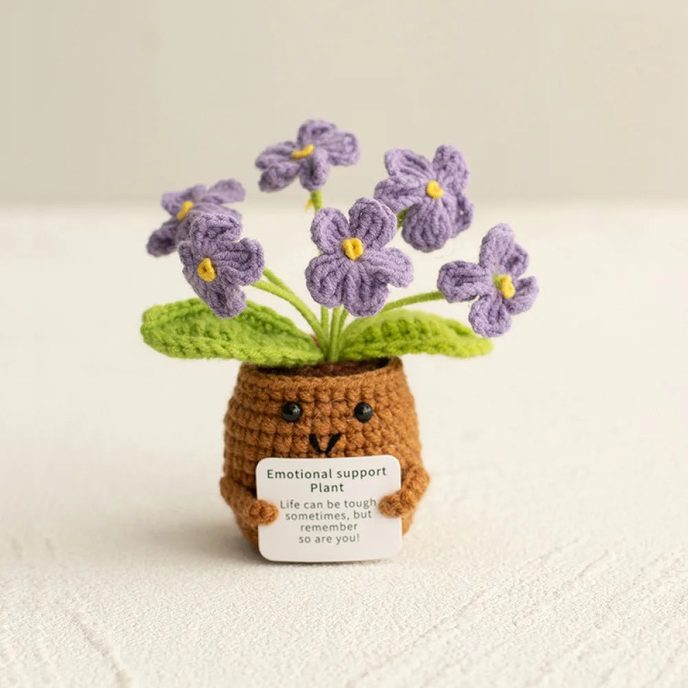 Crochet Knitted Flower Plant Pot - Desktop Emotional Support Gift Positivity Words of Encouragement Ornament - Perfect Gift
