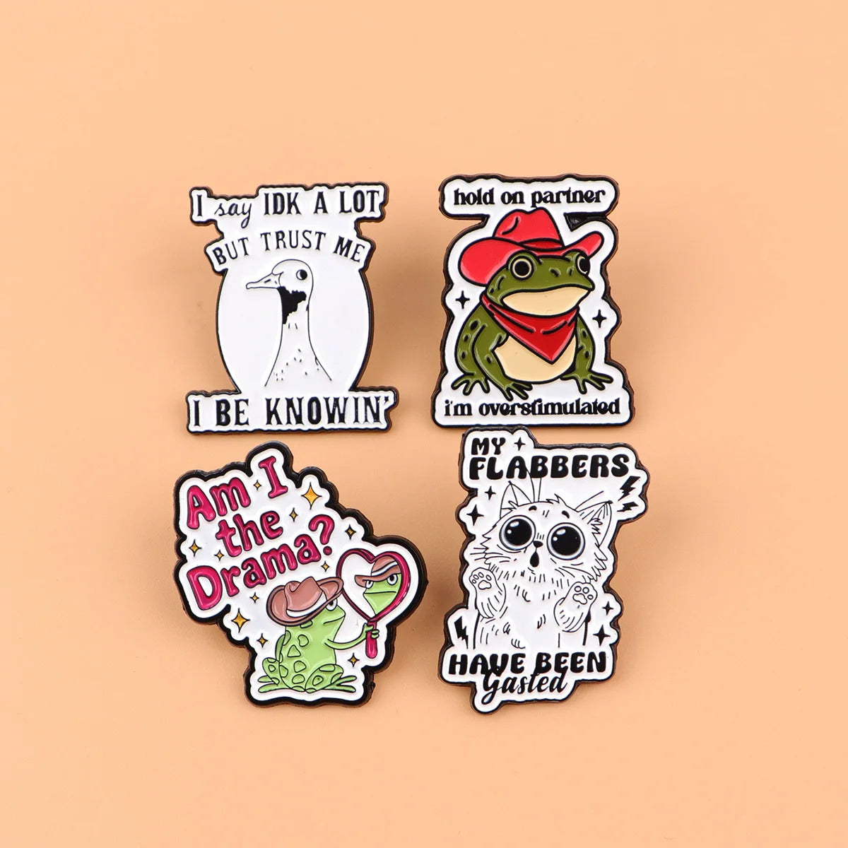Cat Frog Duck Toad Enamel Pin Badge Cute Funny Quotes Brooch Hold On Partner Am I The Drama