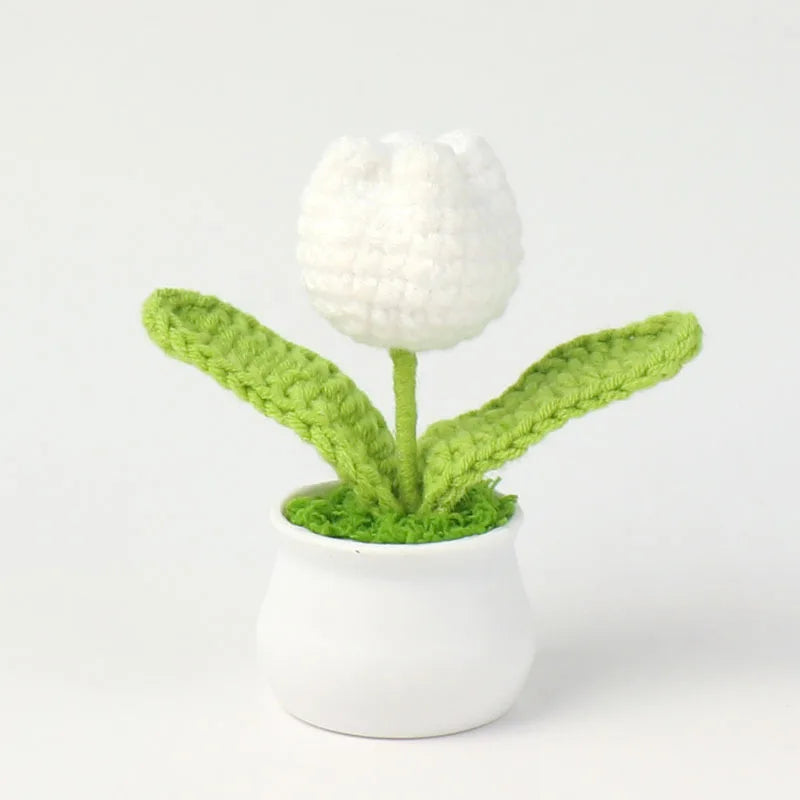 Crochet Knitted Artificial Flower Plant in Pot - Hand Woven Potted Desk Desktop Home Decor Gift Ornament