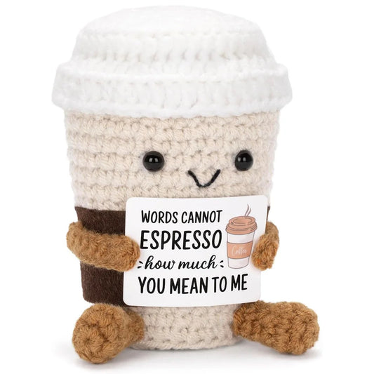 Crochet Knitted Coffee Cup - Emotional Support Coffee Plush Funny Handmade-Style Gift with Message Card