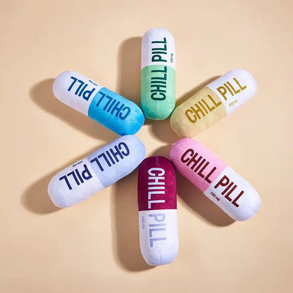 Funny Squeaky Dog Toy Chill Pill Tablet Shaped Pet Dog Plush Toy Gift Comedy Silly