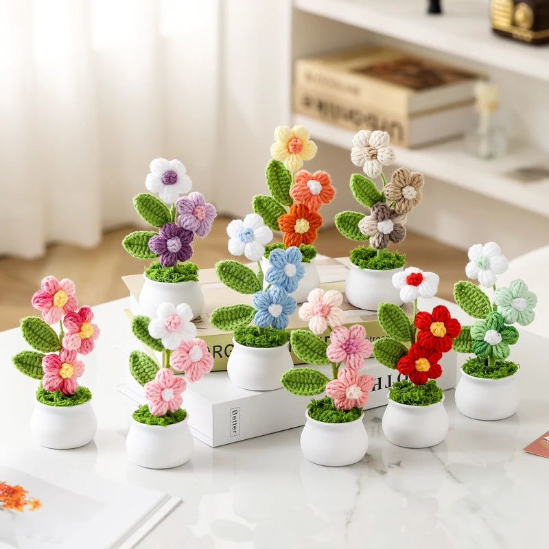 Crochet Knitted Artificial Flower Plant in Pot - Hand Woven Potted Desk Desktop Home Decor Gift Ornament