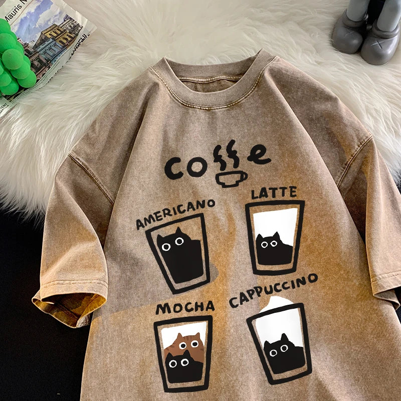 Cat Coffee T-Shirt – Cute Mocha Latte Graphic Tee for Men & Women | Summer Loose Fit Cotton