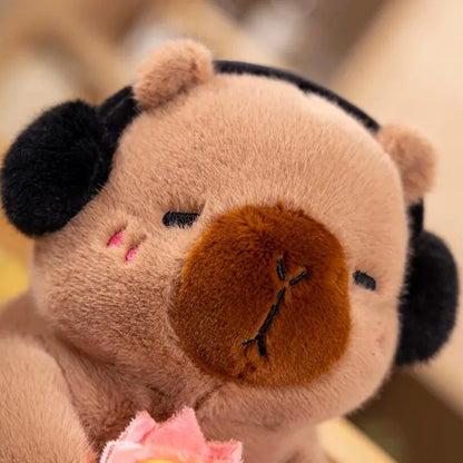 25CM Cute Capybara Plush Toy with Ear Muffs and Flower -  Autumn Winter Seasonal