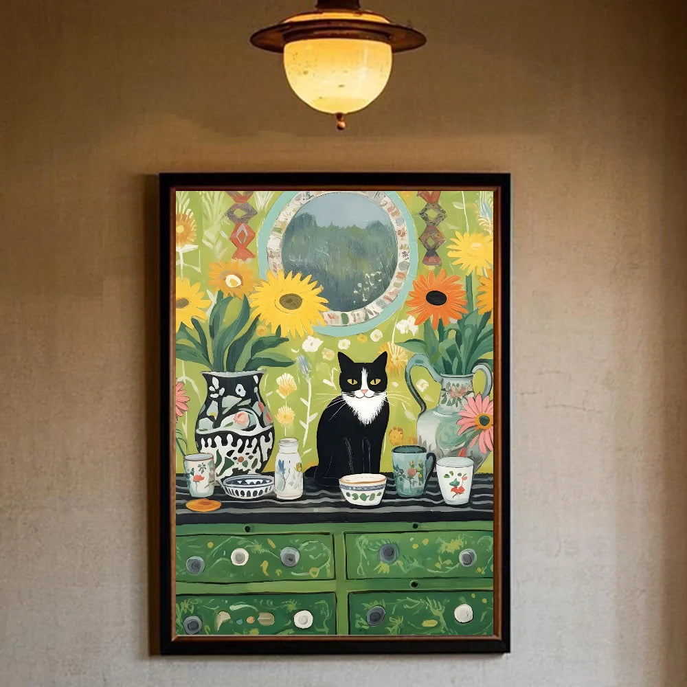 Funny Cute Black Cat Self Adhesive Posters – Retro Animal Wall Art Decoration Home Décor