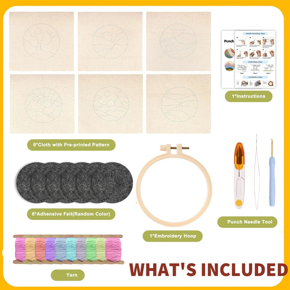 DIY Punch Needle Coaster Set Kit – Make 6 Flower Plant Design Coasters Multiple Design Choice Craft Embroidery