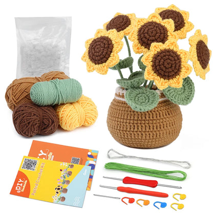 DIY Crochet Flower Plant Pot Kit – Sunflowers Tulips Daisies Designs, Beginners Set