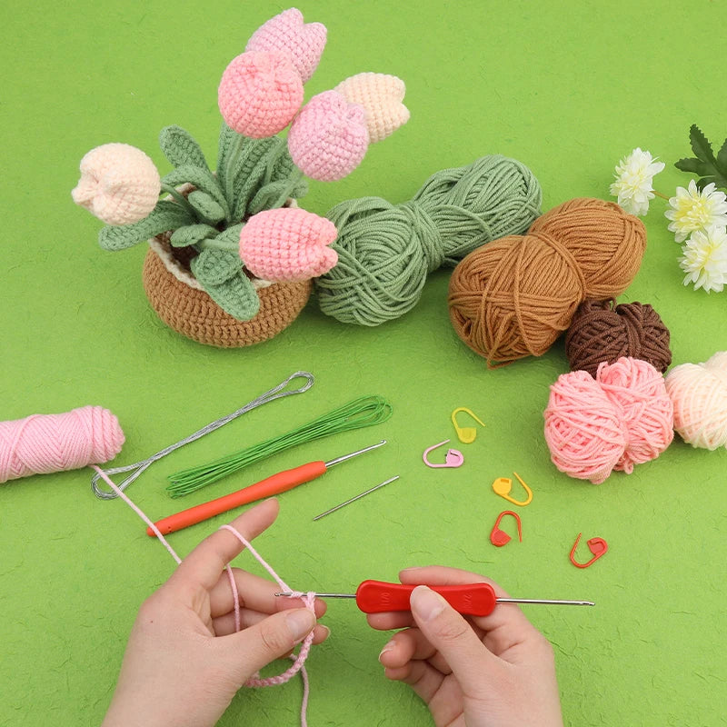 DIY Crochet Flower Plant Pot Kit – Sunflowers Tulips Daisies Designs, Beginners Set