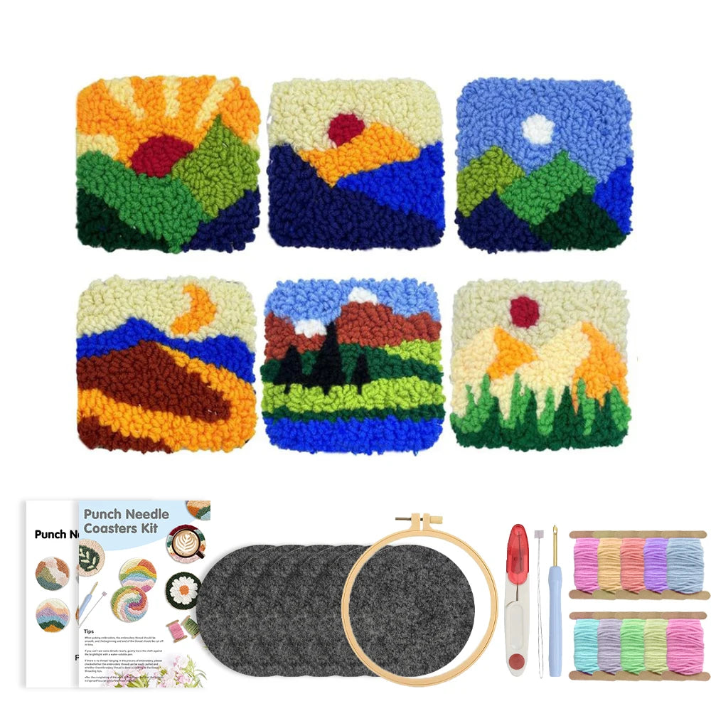 DIY Punch Needle Coaster Set Kit – Make 6 Scenery Landscape Design Coasters Multiple Design Choice Craft Embroidery