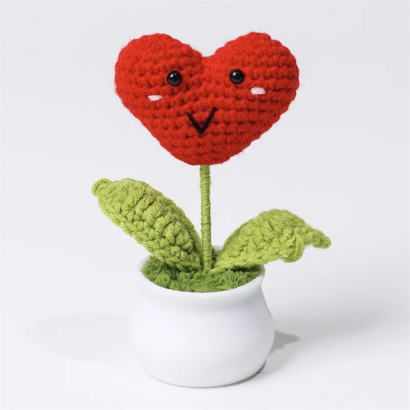 Crochet Knitted Artificial Flower Plant in Pot - Hand Woven Potted Desk Desktop Home Decor Gift Ornament