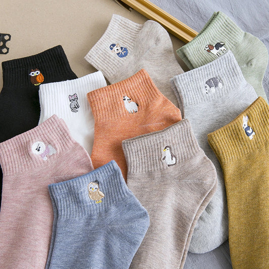 10 Pairs Women’s Cute Embroidered  Animal Socks – Cotton Crew Sock Pack Dog Cat Penguin