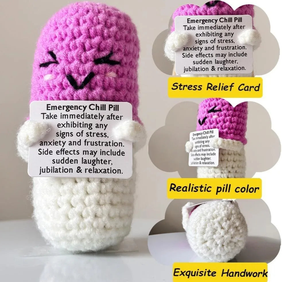 Crochet Knitted Chill Pill - Emotional Support Chill Pill Handmade-Style Gift with Message Card Mental Health Happy Pill Support