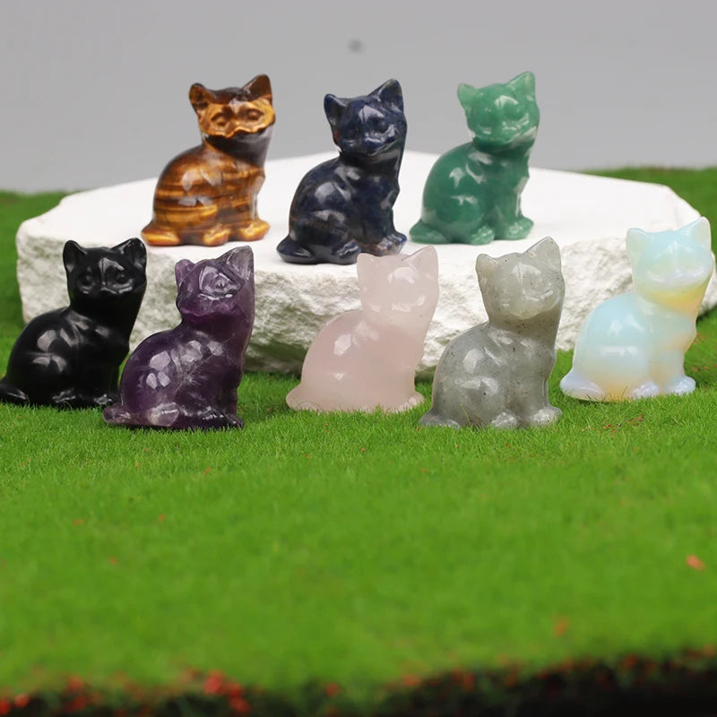 Crystal Cat Figurines – Hand-Carved Natural Stone Animal Cats Figures for Chakra Energy Healing & Home Décor