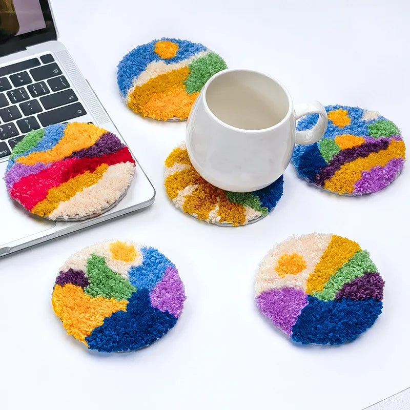 DIY Punch Needle Coaster Set Kit – Make 6 Scenery Sun Sea Sky Design Coasters Multiple Design Choice Craft Embroidery